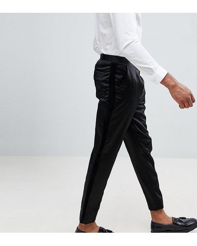 ASOS Pantaloni eleganti nero satin stretti in fondo con riga laterale in velluto