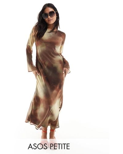 ASOS Asos Design Petite Chiffon Long Sleeve Midi Dress - Brown