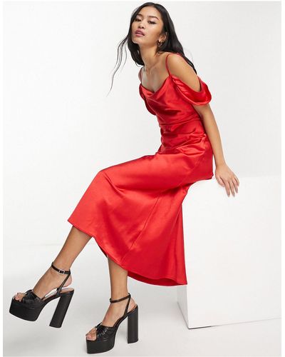 Style Cheat Cold Shoulder Satin Midi Dress - Red