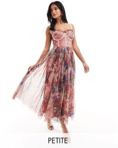 LACE & BEADS Corset Tulle Midi Dress In Pink Floral Mix - Red