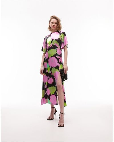 TOPSHOP Abstract Floral Flutter Sleeve Satin Dress - White