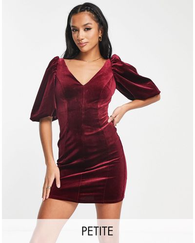 River Island Velvet Plunge Mini Dress With Puff Sleeves - Red