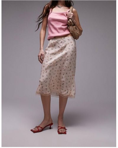 TOPSHOP Vintage Lace Ditsy Floral 90s Length Bias Skirt - Brown