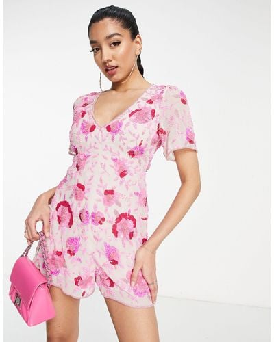 Miss Selfridge Premium Sequin Angel Sleeve Backless Playsuit - Pink
