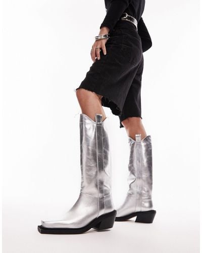 TOPSHOP Rose Premium Leather Western Knee High Boots - White