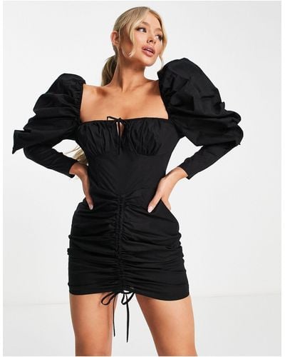 ASOS Cotton Puff Sleeve Corset Mini Dress - Black
