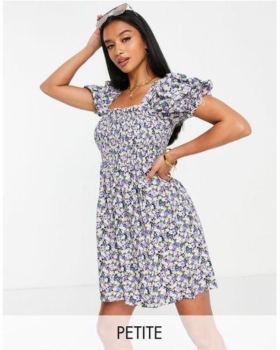 Missguided Shirred Bust Mini Dress With Puff Sleeve - Blue