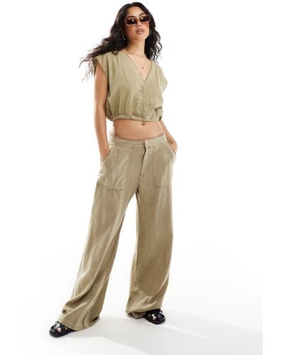 Pull&Bear Wide Leg Linen Trouser Co-ord With Raw Hem - Natural