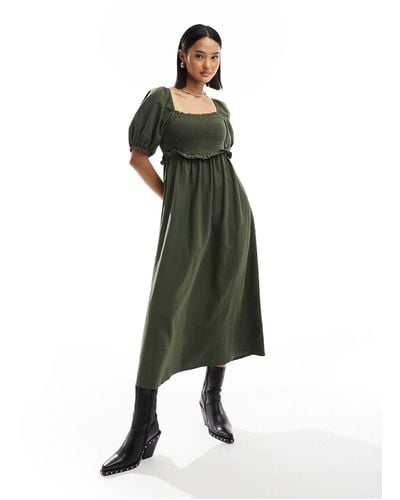New Look Shirred Puff Sleeve Linen Blend Midi Dress - Green