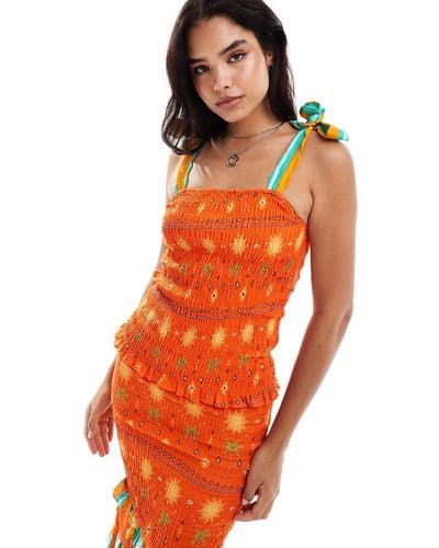 Never Fully Dressed Francesca Bow Shoulder Shirred Top Co-ord - Orange