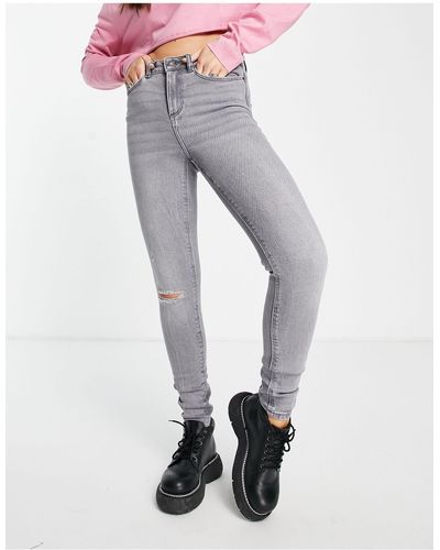 Noisy May Premium Callie High Waisted Ripped Knee Skinny Jeans - Grey