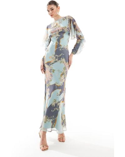 ASOS Long Sleeve Ruffle Bias Maxi Dress With Cape Detail - Blue