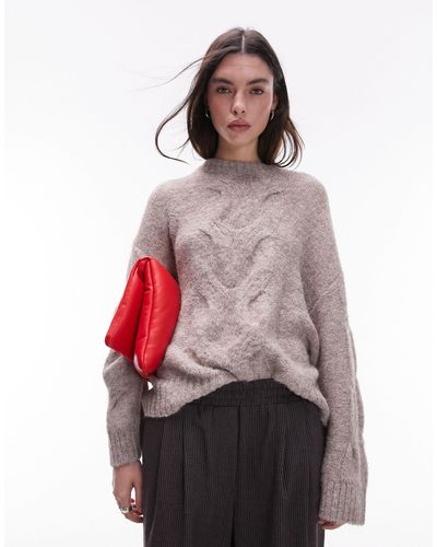 TOPSHOP Knitted Fluffy Cable Front Two Tone Sweater - Red