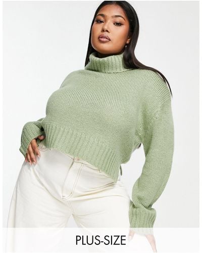 Brave Soul Plus Cattio Boxy Cropped Roll Neck Jumper - Green