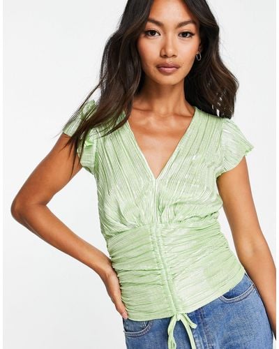 River Island Metallic Plisse Ruched Top - Green