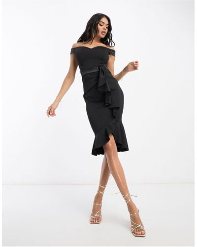 Lipsy Bardot Midi Dress With Frill - Black