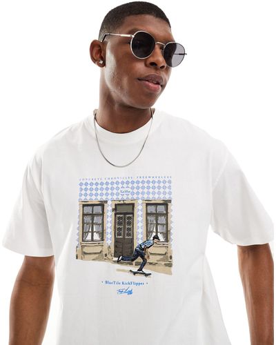 Pull&Bear T-shirt à imprimé urbain et skate - Blanc