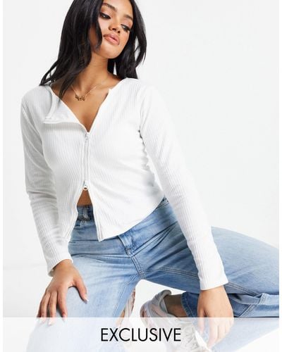 Missguided Ribbed Asymmetric Zip Through Top With Long Sleeves - White