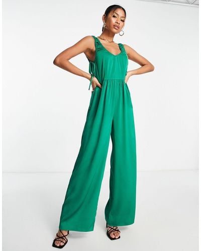 Lola May Satin Ruched Side Wide Leg Jumpsuit - Green