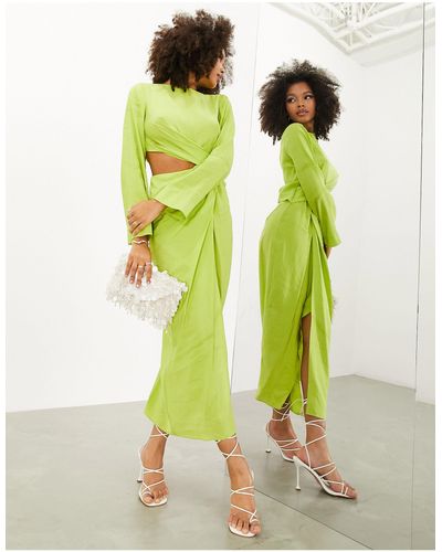 ASOS Long Sleeve Drape Detail Midi Dress - Green
