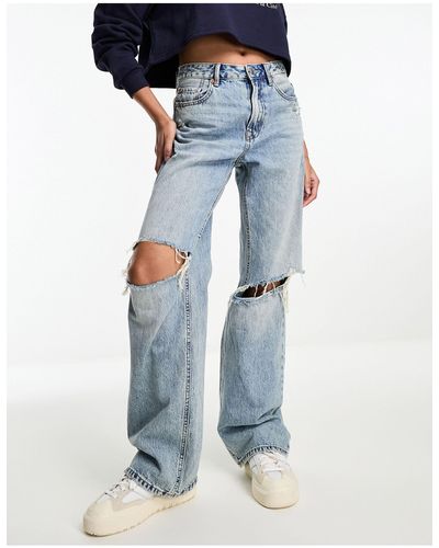 Stradivarius Wide Leg Dad Jean With Rips - Blue