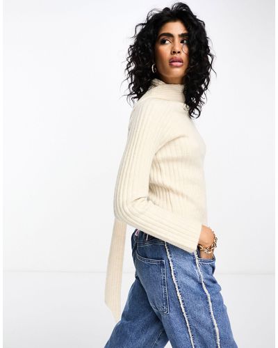 Y.A.S Ribbed Knitted Jumper With Attached Scarf Detail - White