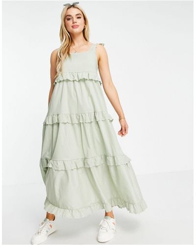 Vila Tiered Cotton Maxi Dress - Green