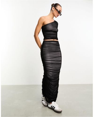 ASOS Ruched Maxi Skirt Co Ord With Mesh Overlay - Black