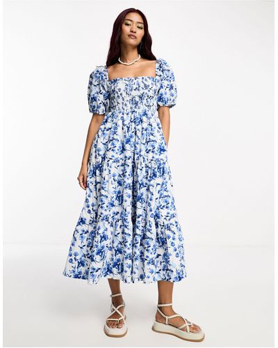 Abercrombie & Fitch Midi-jurk Van Poplin Met Aangerimpeld Lijfje En E Bloemen - Blauw