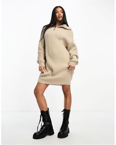 In The Style X Perrie Sian Knitted Ribbed Half Zip Jumper Dress - Natural
