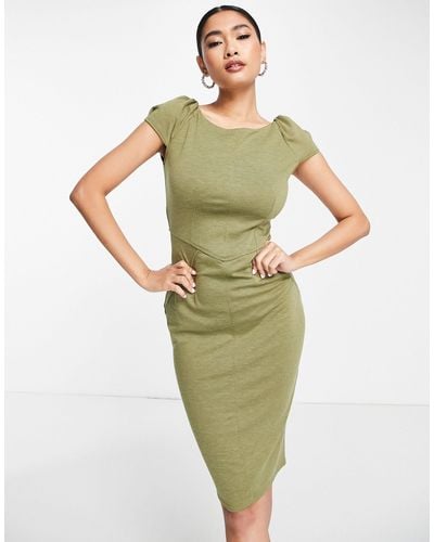 Closet Puff Shoulder Pencil Dress With Bodice Detail - Green