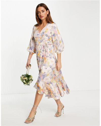 Liquorish Satin Wrap Midi Dress With Puff Sleeve - Multicolour
