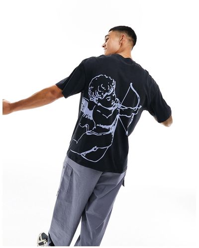 ADPT T-shirt super oversize nera con stampa di cherubino sul retro - Blu