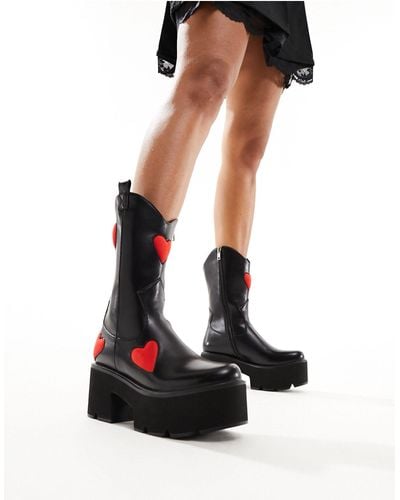 LAMODA Heart Throb Chunky Heeled Western Boots With Heart Applique - Black
