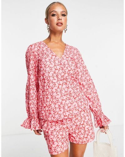 Never Fully Dressed Balloon Sleeve Embroidered Blouse Co-ord - Pink