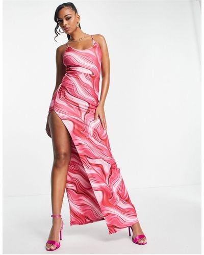 Public Desire Double Layer Slinky Cami Thigh Split Maxi Dress - Pink
