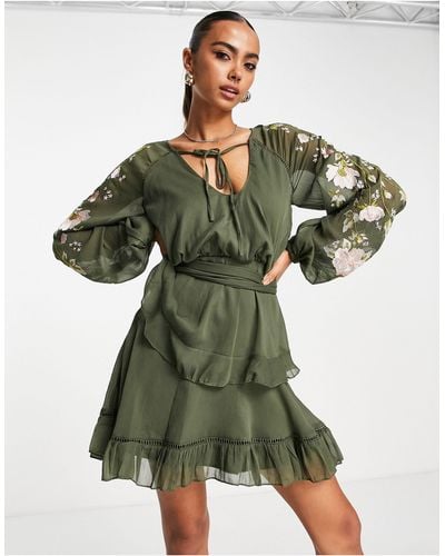 ASOS Blouson Sleeve Tiered Mini Dress With Cross Stitch Embroidery Detail And Tie - Green