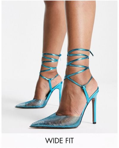 ASOS Zapatos azules con tacón alto, abalorios y diseño anudado a la pierna prize - Blanco