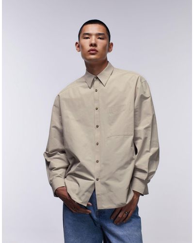 TOPMAN Limited Long Sleeve Oversized Fit Pointed Collar Shirt - Natural