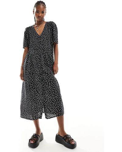 Monki Exclusivité asos - - robe boutonnée mi-longue à petites fleurs - noir - Multicolore