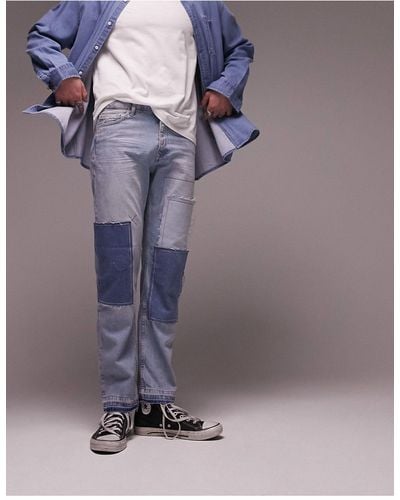 TOPMAN Rechte Patchwork Jeans - Blauw