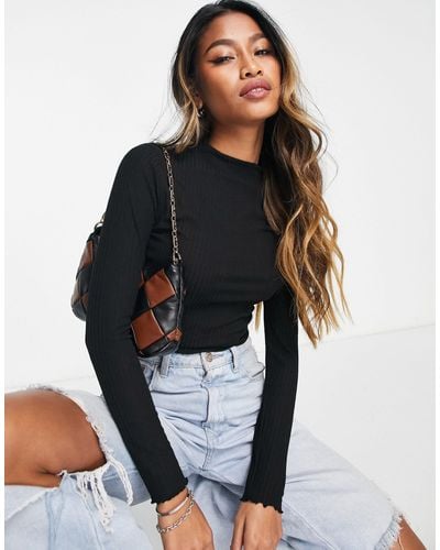 ONLY Lettuce Edge High Neck Ribbed Top - Black