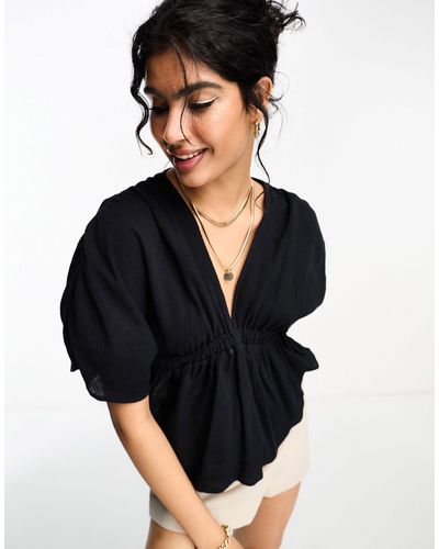 ASOS Plunge Front Crinkle Top With Tie Side - Black