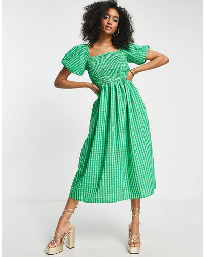 Never Fully Dressed Aangerimpelde Midi-jurk Met Textuur En Gingham Ruit - Groen