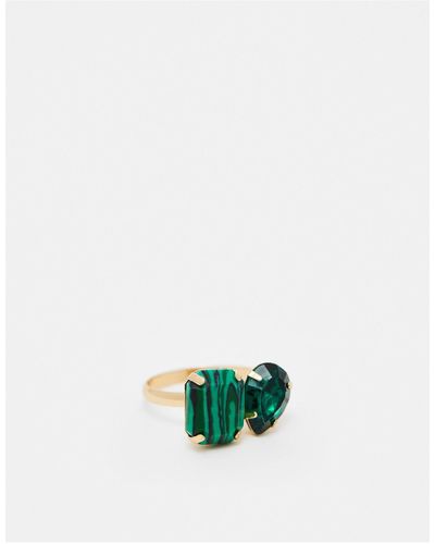 ASOS Anello dorato con malachite e cristallo smeraldo - Bianco