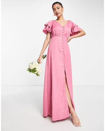 Little Mistress Bridesmaid Satin Maxi Dress With Flutter Sleeves - Pink