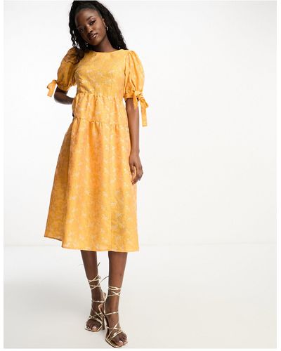 Monki Balloon Sleeve Floral Shimmer Brocade Midi Dress - Orange