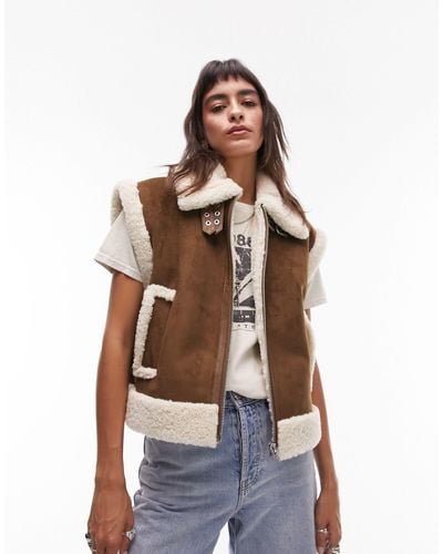 TOPSHOP Faux Suede Shearling Oversized Aviator Vest - Brown