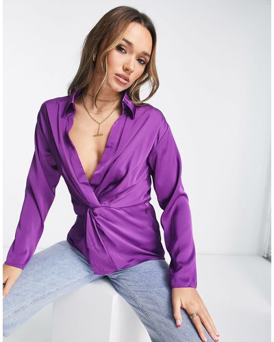 Vila Satin Shirt With Knot Front - Purple