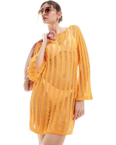 Vila – weitmaschiges strick-strandkleid zum überziehen - Orange